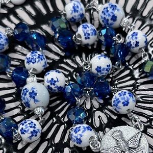 Handmade Personalized Porcelain Floral Beads Rosary/Necklace with Silver Cross